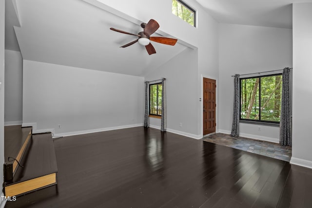 9709 Greenfield Rd, Chapel Hill, NC 27516 - unfurnished living room featuring a ceiling fan, high vaulted ceiling, and wood finished floors