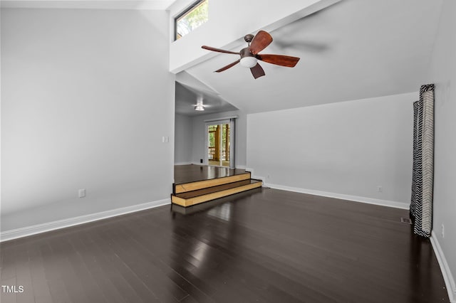 9709 Greenfield Rd, Chapel Hill, NC 27516 - unfurnished living room featuring ceiling fan, vaulted ceiling, and wood finished floors