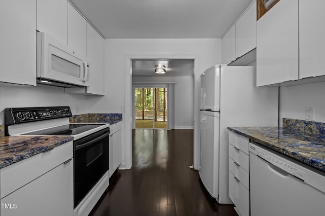 9709 Greenfield Rd, Chapel Hill, NC 27516 - kitchen featuring white appliances, white cabinets, dark wood finished floors, and dark stone counters