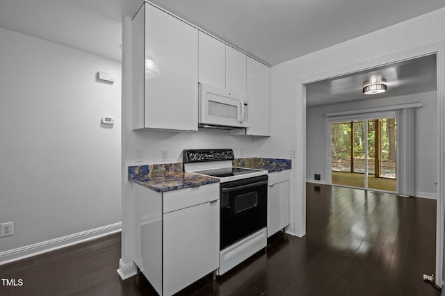 9709 Greenfield Rd, Chapel Hill, NC 27516 - kitchen featuring white microwave, range with electric cooktop, dark wood finished floors, white cabinetry, and dark stone countertops