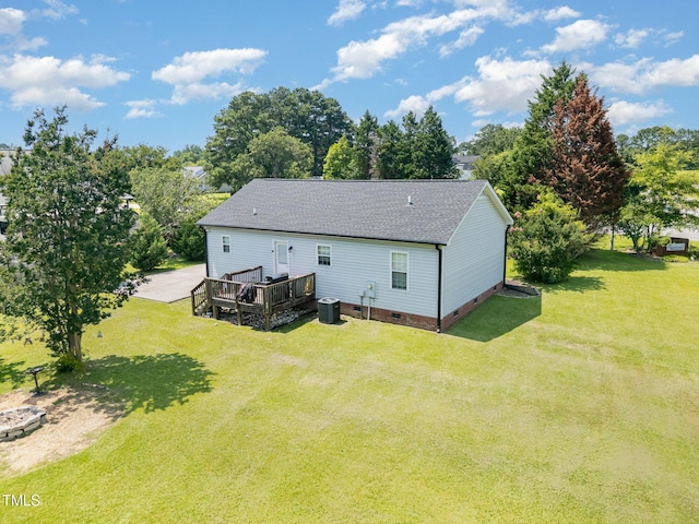 11 Sherman Rd, Fuquay Varina, NC 27526 - rear view of house featuring crawl space, a deck, a lawn, and roof with shingles