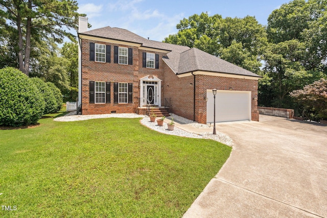 5125 Pinehall Wynd, Raleigh, NC 27604 - view of front of home with brick siding, driveway, a chimney, an attached garage, and a shingled roof
