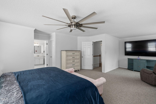5125 Pinehall Wynd, Raleigh, NC 27604 - carpeted bedroom featuring a textured ceiling, ornamental molding, ceiling fan, and connected bathroom