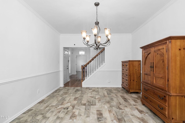 5125 Pinehall Wynd, Raleigh, NC 27604 - dining area featuring a chandelier, ornamental molding, light wood-style flooring, and stairs