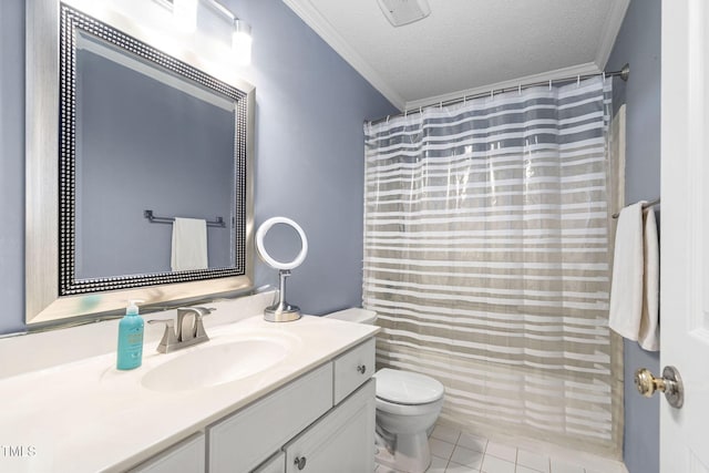 5125 Pinehall Wynd, Raleigh, NC 27604 - bathroom featuring vanity, crown molding, a textured ceiling, curtained shower, and tile patterned floors