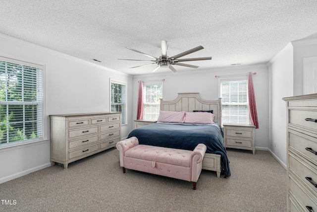 5125 Pinehall Wynd, Raleigh, NC 27604 - bedroom with crown molding, multiple windows, light colored carpet, a textured ceiling, and a ceiling fan