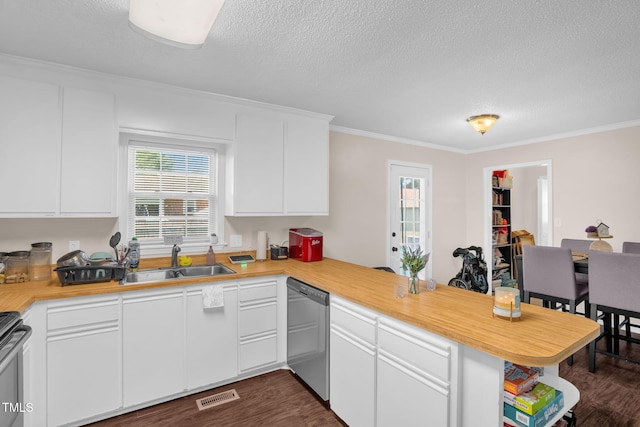 117 James Dr, Pine Level, NC 27568 - kitchen featuring appliances with stainless steel finishes, a peninsula, a textured ceiling, dark wood-type flooring, and light countertops