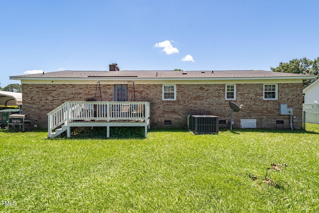 117 James Dr, Pine Level, NC 27568 - back of property with crawl space, a wooden deck, a chimney, and brick siding