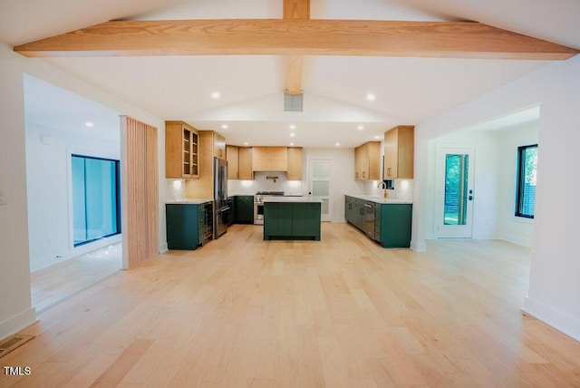 2129 Ridge Rd, Raleigh, NC 27607 - kitchen with premium appliances, green cabinetry, light countertops, light wood finished floors, and recessed lighting