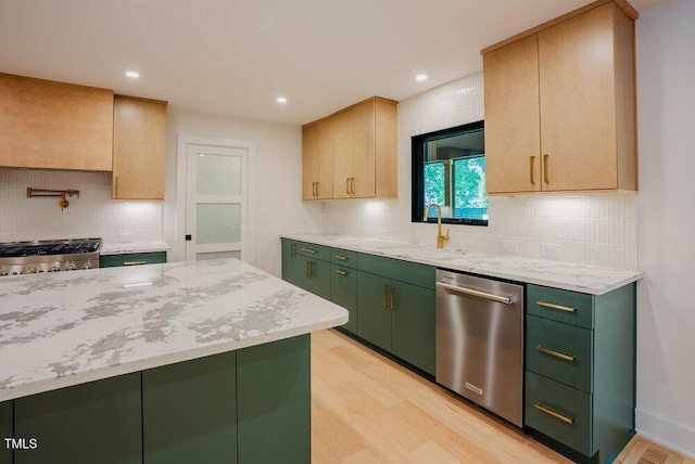 2129 Ridge Rd, Raleigh, NC 27607 - kitchen featuring green cabinetry, stainless steel dishwasher, decorative backsplash, stove, and recessed lighting
