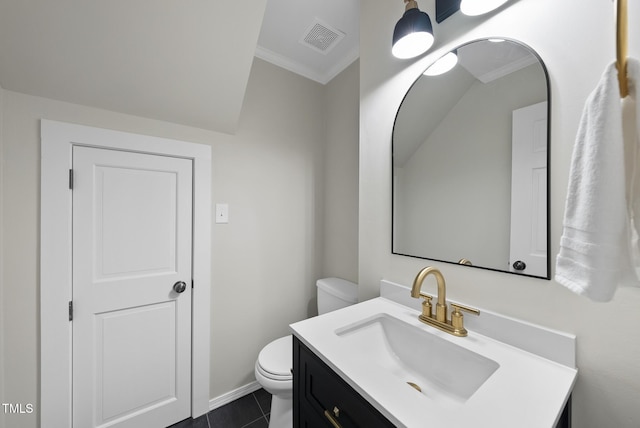 2704 Farnborough Rd, Raleigh, NC 27613 - half bath featuring ornamental molding, vanity, and tile patterned floors