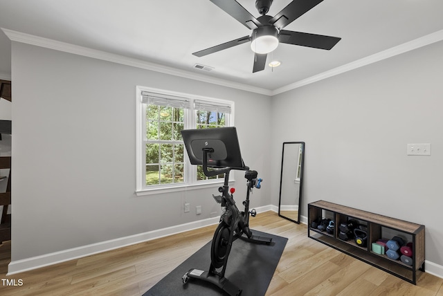 2704 Farnborough Rd, Raleigh, NC 27613 - workout area with crown molding, ceiling fan, and light wood-style floors