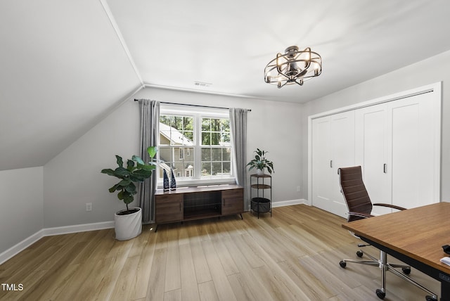 2704 Farnborough Rd, Raleigh, NC 27613 - office with a chandelier, light wood-type flooring, and vaulted ceiling