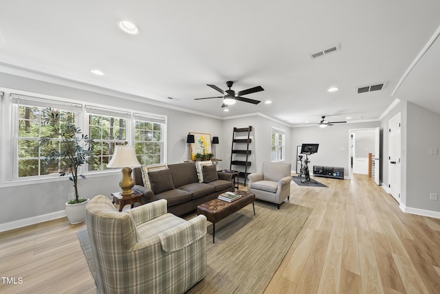 2704 Farnborough Rd, Raleigh, NC 27613 - living area featuring ceiling fan, light wood-type flooring, recessed lighting, and ornamental molding