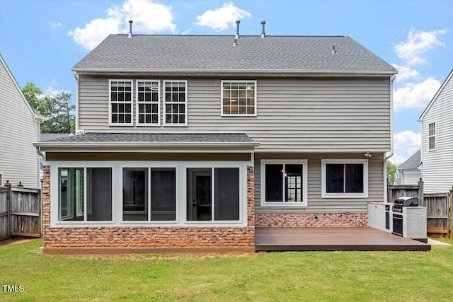 7414 Brandon Allen Ave, Raleigh, NC 27613 - rear view of house featuring a wooden deck, stone siding, and a shingled roof