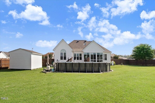 8101 Claybrooke Ct, Willow Springs, NC 27592 - back of house with a storage shed, a fenced backyard, and a pool