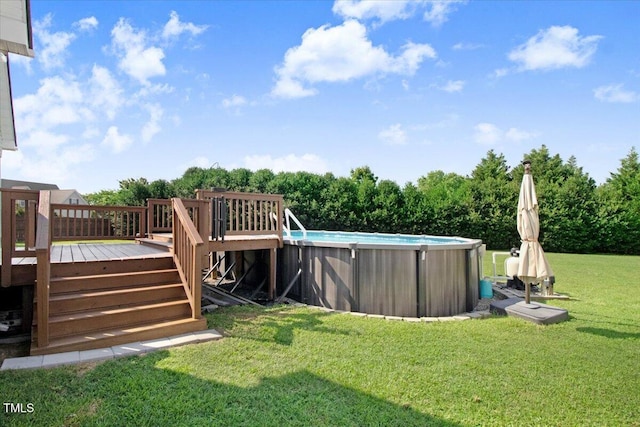 8101 Claybrooke Ct, Willow Springs, NC 27592 - view of grassy yard with an outdoor pool, a wooden deck, and view of scattered trees