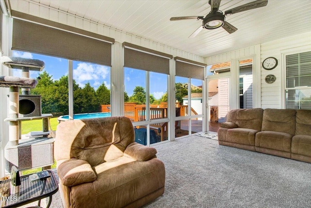 8101 Claybrooke Ct, Willow Springs, NC 27592 - sunroom / solarium featuring a ceiling fan, an outdoor hangout area, and plenty of natural light
