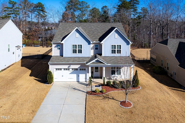 78 N Porcenna Ln, Clayton, NC 27527 - modern farmhouse with board and batten siding, a garage, a porch, and concrete driveway