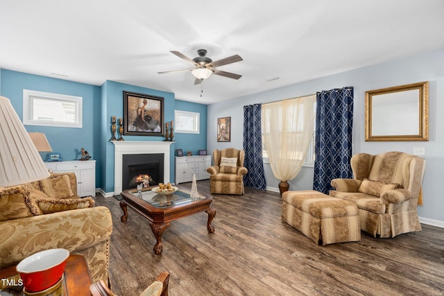 78 N Porcenna Ln, Clayton, NC 27527 - living area featuring ceiling fan, wood finished floors, and a lit fireplace