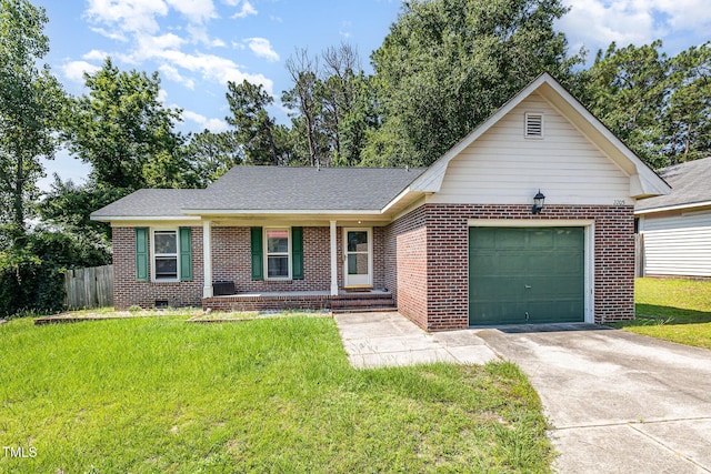 2205 Indigo Bush Pl, Fayetteville, NC 28304 - ranch-style house with brick siding, driveway, an attached garage, a porch, and roof with shingles