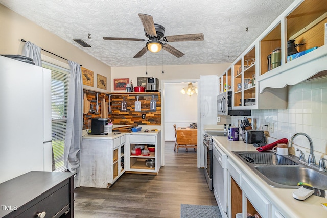 2205 Indigo Bush Pl, Fayetteville, NC 28304 - kitchen featuring ceiling fan, dark wood-style floors, backsplash, a textured ceiling, and open shelves