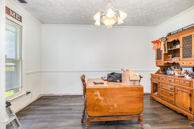 2205 Indigo Bush Pl, Fayetteville, NC 28304 - office with a chandelier, dark wood finished floors, a textured ceiling, and crown molding