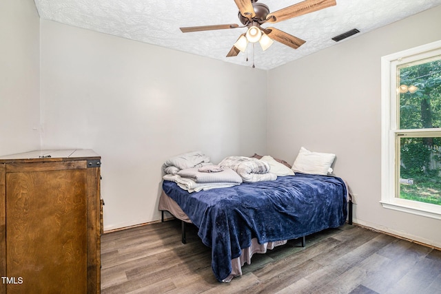2205 Indigo Bush Pl, Fayetteville, NC 28304 - bedroom with wood finished floors, multiple windows, a textured ceiling, and a ceiling fan