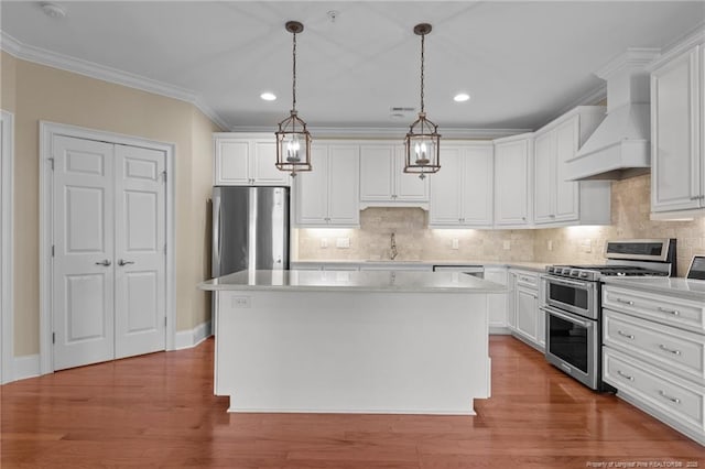 220-404 Hugh Shelton Loop Unit 404, Fayetteville, NC 28301 - kitchen with appliances with stainless steel finishes, custom range hood, a kitchen island, crown molding, and light countertops