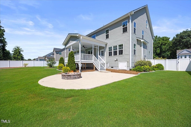 2223 Copper Pond Way, Fuquay Varina, NC 27526 - rear view of house with ceiling fan, crawl space, a fire pit, a patio, and a fenced backyard