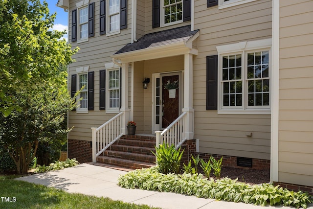 2104 Brockfield Ct, Raleigh, NC 27614 - property entrance with roof with shingles and crawl space