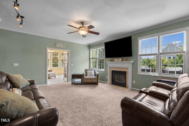 2104 Brockfield Ct, Raleigh, NC 27614 - living area featuring ceiling fan, carpet flooring, a fireplace with flush hearth, ornamental molding, and rail lighting
