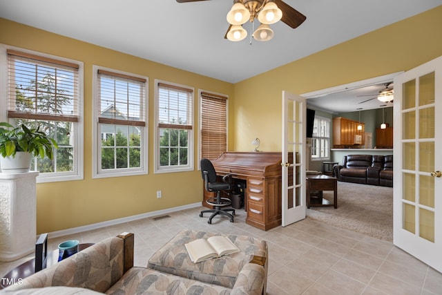 2104 Brockfield Ct, Raleigh, NC 27614 - home office with french doors, a ceiling fan, and plenty of natural light