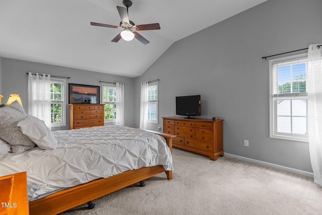 2104 Brockfield Ct, Raleigh, NC 27614 - bedroom featuring multiple windows, lofted ceiling, carpet, and a ceiling fan