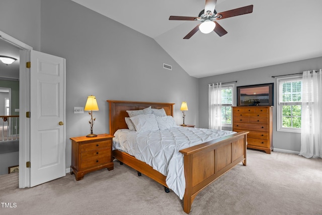 2104 Brockfield Ct, Raleigh, NC 27614 - bedroom featuring light carpet, lofted ceiling, and a ceiling fan