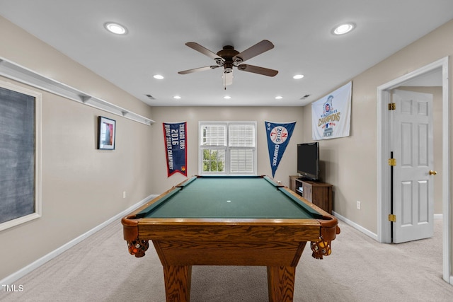 2104 Brockfield Ct, Raleigh, NC 27614 - playroom with carpet flooring, a ceiling fan, recessed lighting, and billiards table