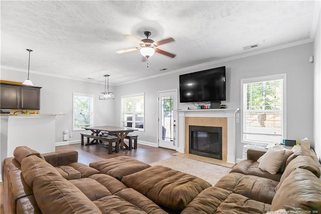 4112 Newgate St, Fayetteville, NC 28306 - living area with ceiling fan, plenty of natural light, wood finished floors, a textured ceiling, and a tile fireplace