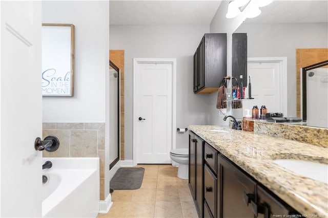 4112 Newgate St, Fayetteville, NC 28306 - bathroom with a stall shower, double vanity, a bath, and tile patterned floors