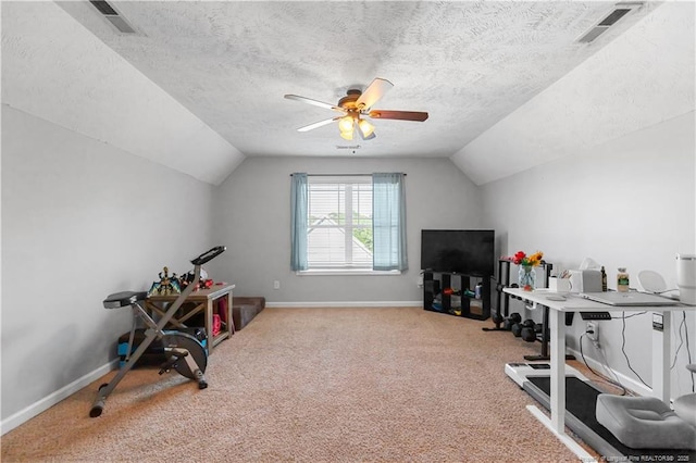 4112 Newgate St, Fayetteville, NC 28306 - workout area with a ceiling fan, vaulted ceiling, carpet floors, and a textured ceiling