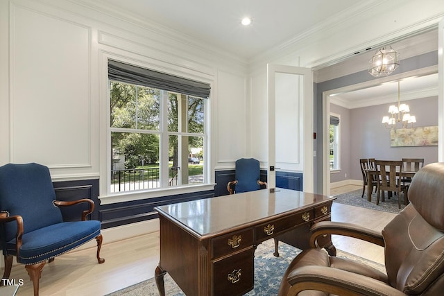 201 S Ennis St, Fuquay Varina, NC 27526 - home office featuring a chandelier, wood finished floors, and ornamental molding