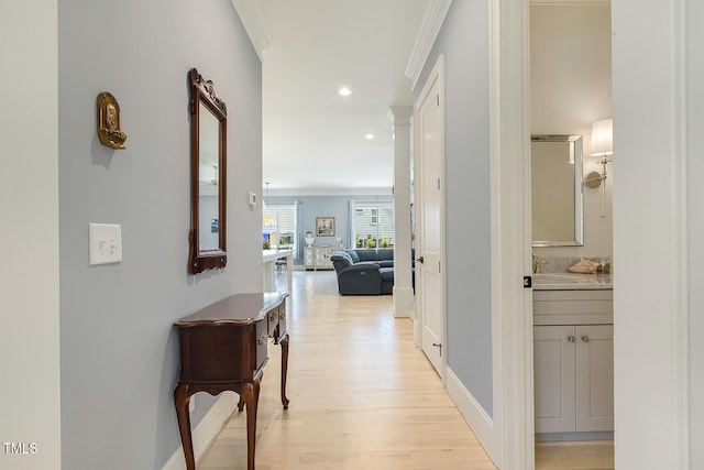 201 S Ennis St, Fuquay Varina, NC 27526 - corridor featuring light wood-type flooring, crown molding, and recessed lighting