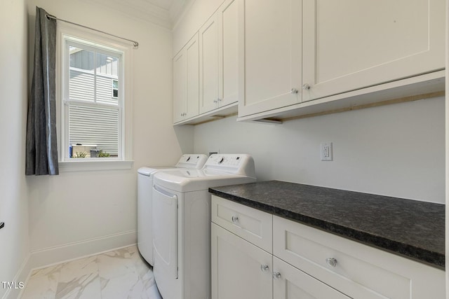 201 S Ennis St, Fuquay Varina, NC 27526 - washroom with light marble finish flooring, washing machine and clothes dryer, cabinet space, and crown molding