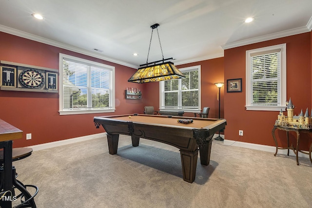 201 S Ennis St, Fuquay Varina, NC 27526 - game room with pool table, light colored carpet, healthy amount of natural light, ornamental molding, and recessed lighting