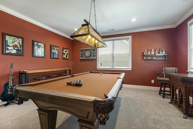 201 S Ennis St, Fuquay Varina, NC 27526 - recreation room featuring carpet flooring, crown molding, billiards, and recessed lighting