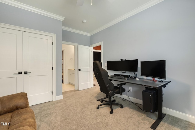 201 S Ennis St, Fuquay Varina, NC 27526 - home office featuring crown molding, light carpet, and a ceiling fan