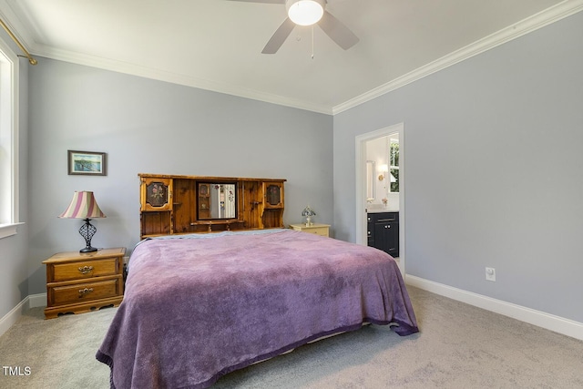 201 S Ennis St, Fuquay Varina, NC 27526 - bedroom featuring carpet flooring, crown molding, ensuite bathroom, and a ceiling fan