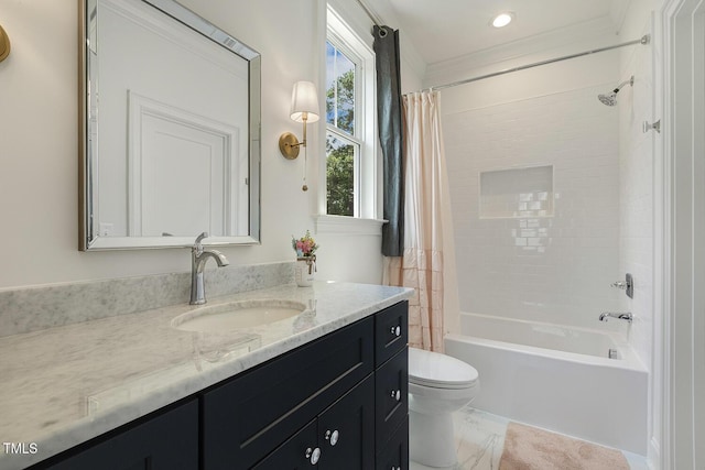 201 S Ennis St, Fuquay Varina, NC 27526 - bathroom with vanity, shower / tub combo, ornamental molding, and recessed lighting