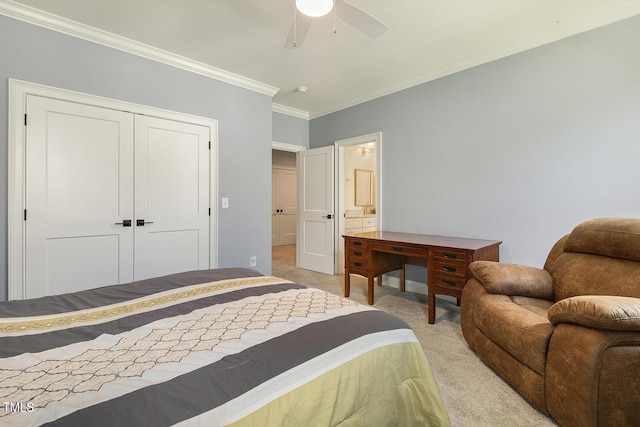 201 S Ennis St, Fuquay Varina, NC 27526 - bedroom with light colored carpet, ornamental molding, a closet, a ceiling fan, and ensuite bathroom