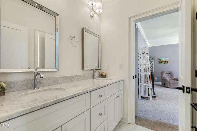 201 S Ennis St, Fuquay Varina, NC 27526 - bathroom with double vanity, ornamental molding, and marble look tiles