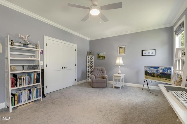 201 S Ennis St, Fuquay Varina, NC 27526 - living area featuring carpet floors, ornamental molding, and ceiling fan
